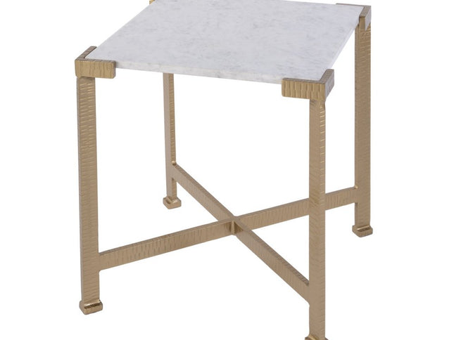 20" White and Gold Distressed Marble and Iron Square End Table