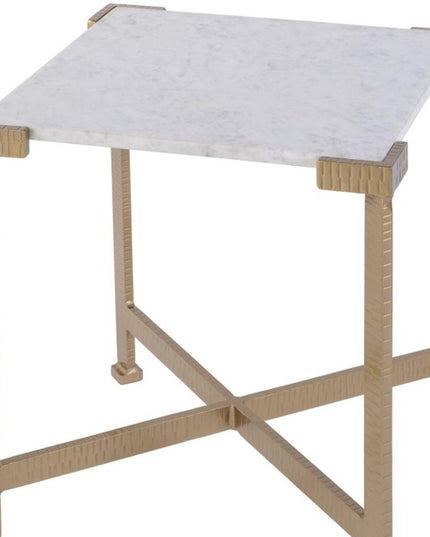 20" White and Gold Distressed Marble and Iron Square End Table