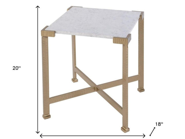 20" White and Gold Distressed Marble and Iron Square End Table