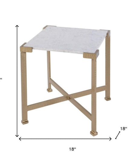 20" White and Gold Distressed Marble and Iron Square End Table
