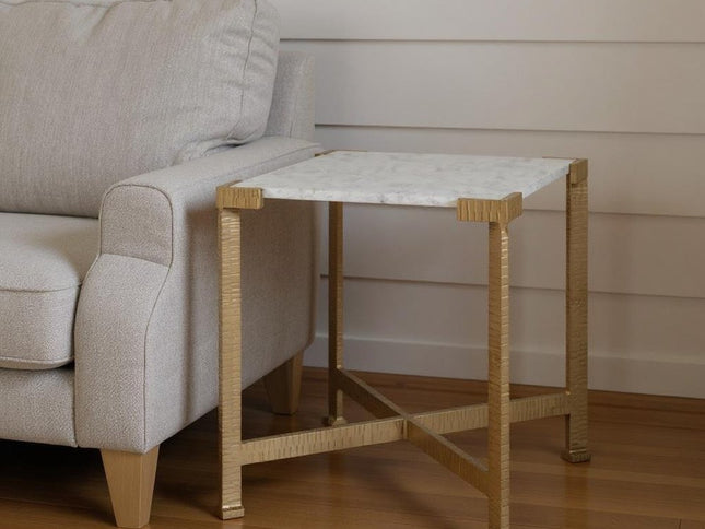 20" White and Gold Distressed Marble and Iron Square End Table