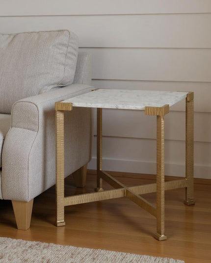 20" White and Gold Distressed Marble and Iron Square End Table