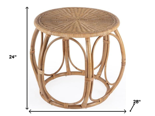 24" Natural Rattan Round Drum End Table
