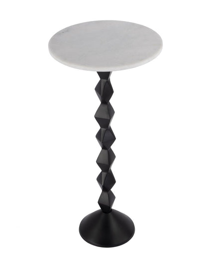 25" White and Black Marble and Aluminum Round Pedestal End Table