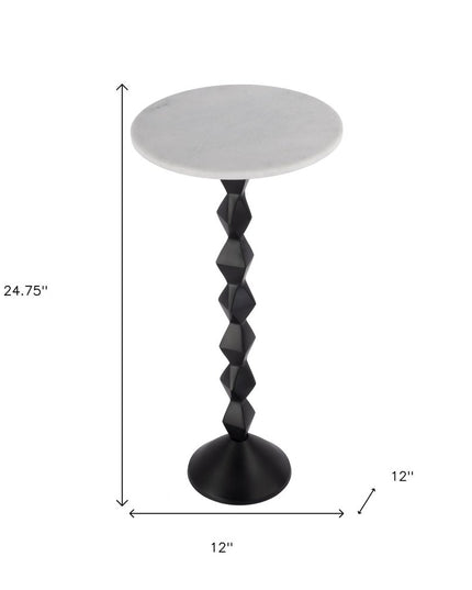 25" White and Black Marble and Aluminum Round Pedestal End Table