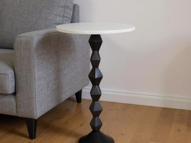 25" White and Black Marble and Aluminum Round Pedestal End Table