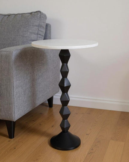 25" White and Black Marble and Aluminum Round Pedestal End Table