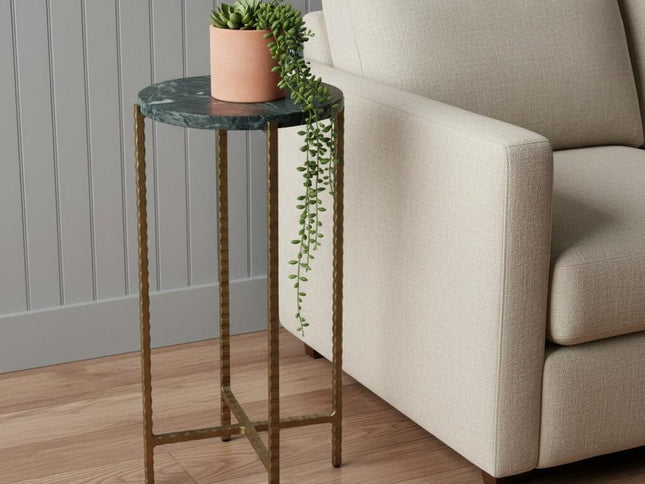 21" Green and Gold Marble and Iron Drink Size Round End Table