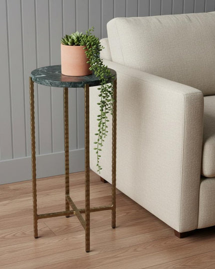 21" Green and Gold Marble and Iron Drink Size Round End Table