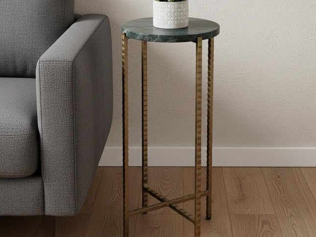 21" Green and Gold Marble and Iron Drink Size Round End Table