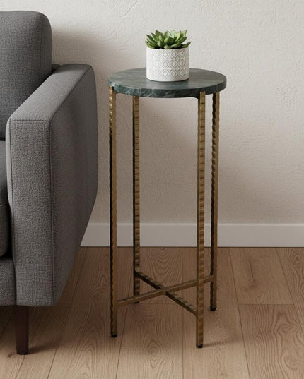 21" Green and Gold Marble and Iron Drink Size Round End Table