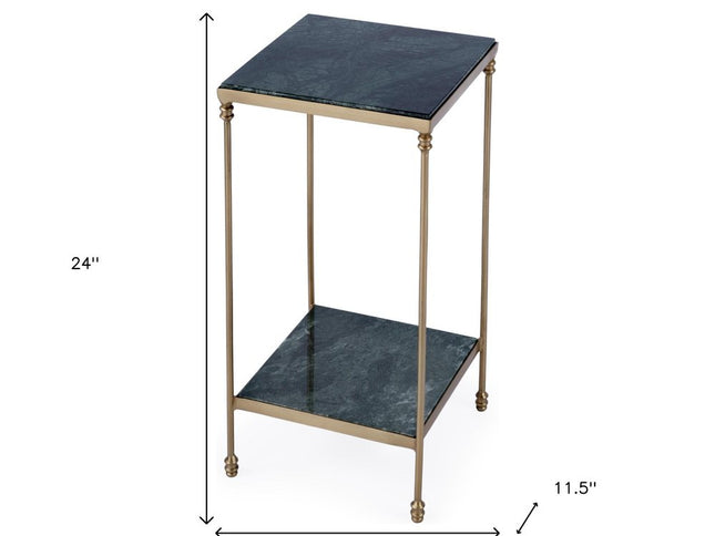 24" Green and Gold Marble and Iron Square End Table With Shelf