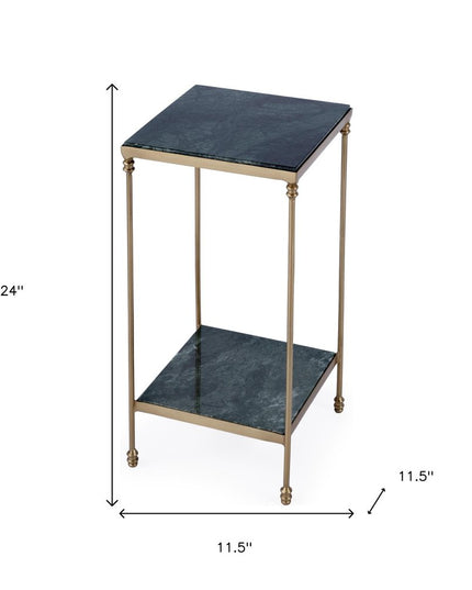 24" Green and Gold Marble and Iron Square End Table With Shelf