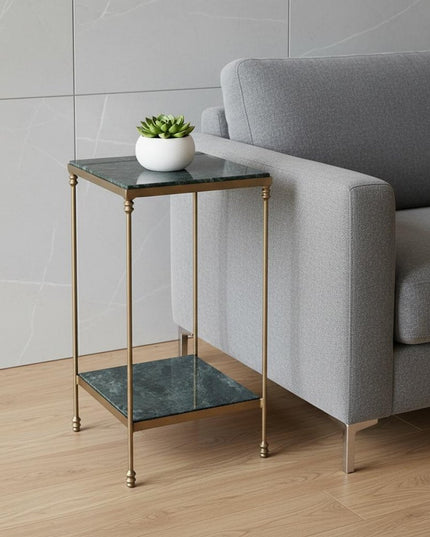 24" Green and Gold Marble and Iron Square End Table With Shelf