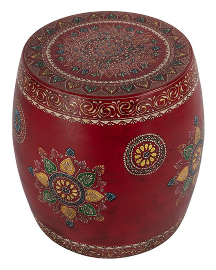 18" Red Iron Hand Painted Floral Round Drum End Table