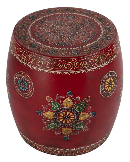 18" Red Iron Hand Painted Floral Round Drum End Table