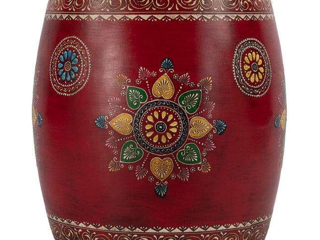 18" Red Iron Hand Painted Floral Round Drum End Table