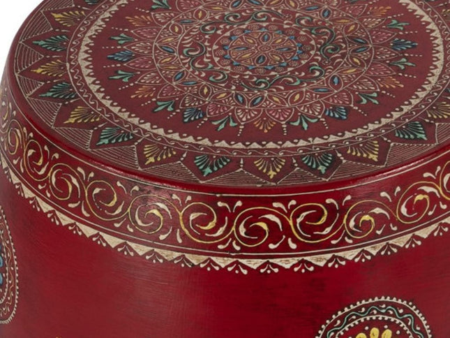 18" Red Iron Hand Painted Floral Round Drum End Table