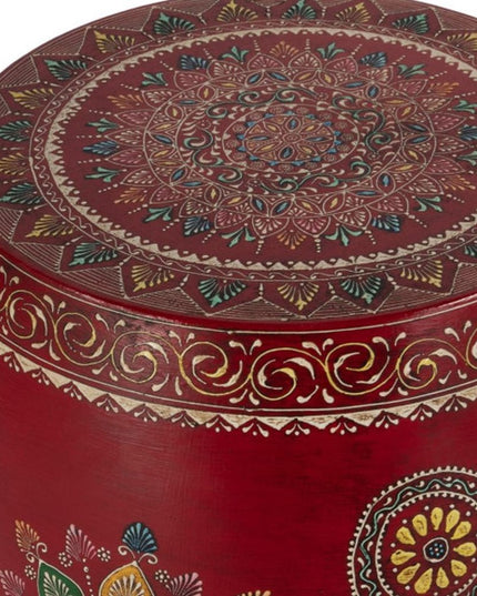 18" Red Iron Hand Painted Floral Round Drum End Table