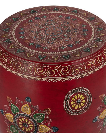 18" Red Iron Hand Painted Floral Round Drum End Table