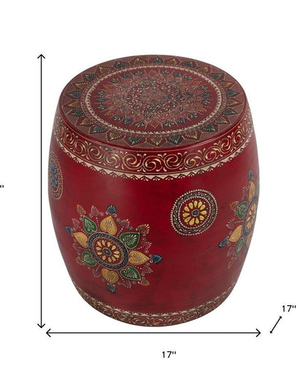 18" Red Iron Hand Painted Floral Round Drum End Table