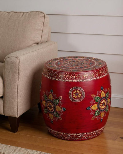 18" Red Iron Hand Painted Floral Round Drum End Table