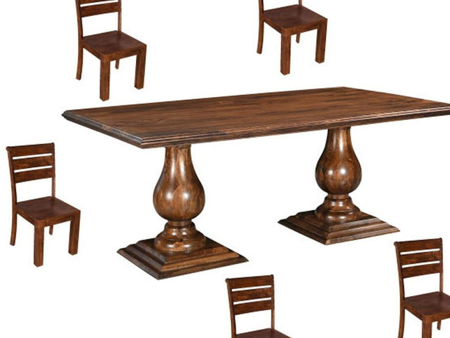 Seven Piece Brown Solid Wood Dining Set with Six Chairs