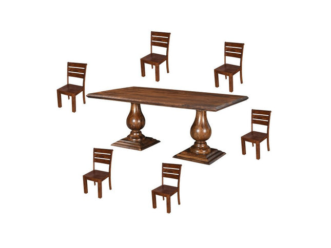 Seven Piece Brown Solid Wood Dining Set with Six Chairs