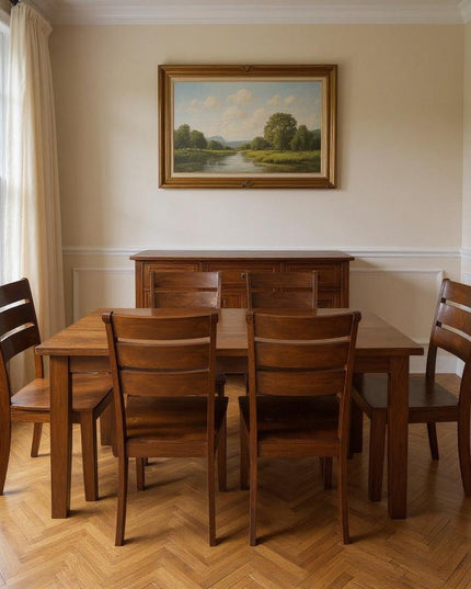 Seven Piece Brown Solid Wood Dining Set with Six Chairs
