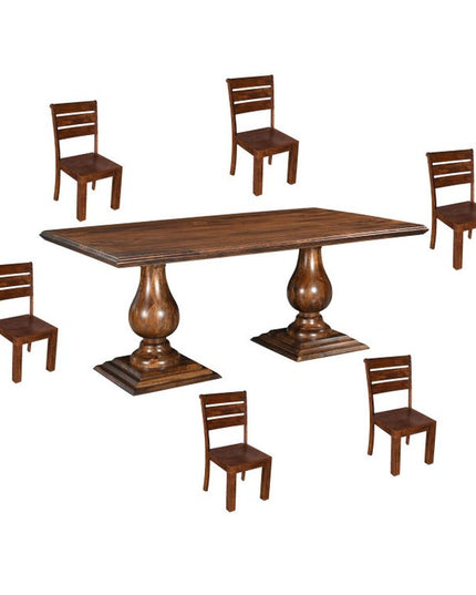 Seven Piece Brown Solid Wood Dining Set with Six Chairs
