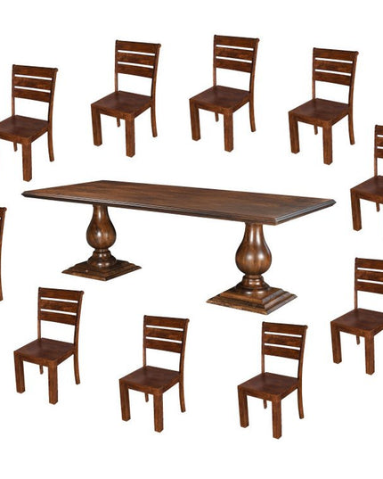 11 Piece Brown Solid Wood Dining Set with 10