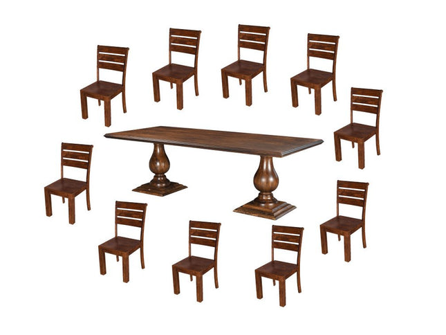 11 Piece Brown Solid Wood Dining Set with 10