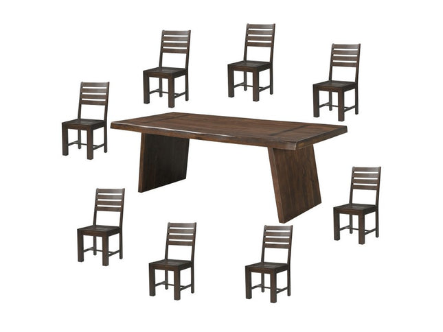 Nine Piece Brown Solid Wood Dining Set with Eight Chairs