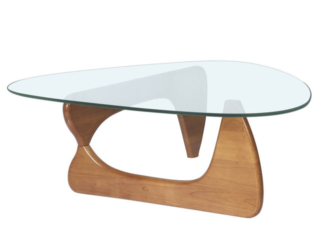 54" Clear and Brown Glass and Wood Triangle Abstract Coffee Table