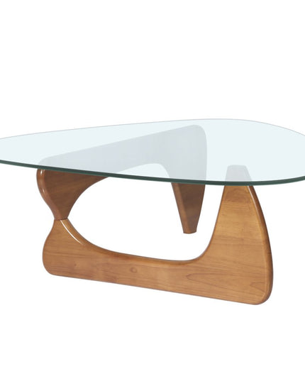 54" Clear and Brown Glass and Wood Triangle Abstract Coffee Table