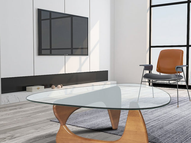 54" Clear and Brown Glass and Wood Triangle Abstract Coffee Table