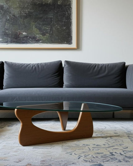 54" Clear and Brown Glass and Wood Triangle Abstract Coffee Table