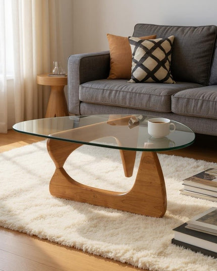 54" Clear and Brown Glass and Wood Triangle Abstract Coffee Table