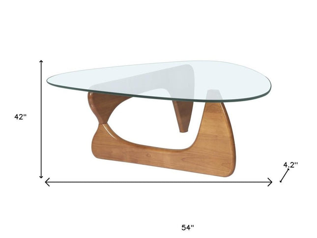54" Clear and Brown Glass and Wood Triangle Abstract Coffee Table