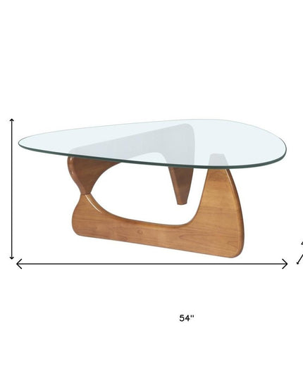 54" Clear and Brown Glass and Wood Triangle Abstract Coffee Table