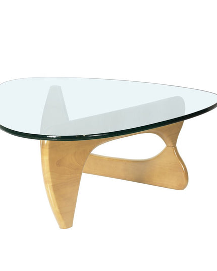 54" Clear and Natural Glass and Wood Triangle Abstract Coffee Table