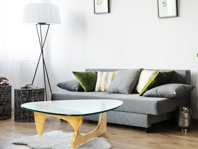 54" Clear and Natural Glass and Wood Triangle Abstract Coffee Table