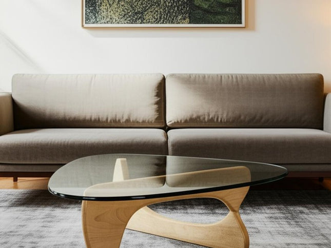 54" Clear and Natural Glass and Wood Triangle Abstract Coffee Table