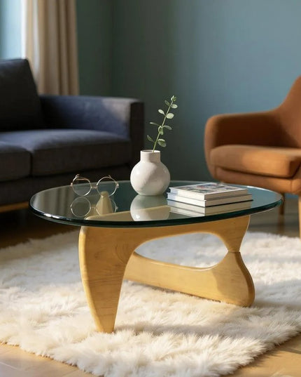 54" Clear and Natural Glass and Wood Triangle Abstract Coffee Table