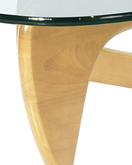 54" Clear and Natural Glass and Wood Triangle Abstract Coffee Table