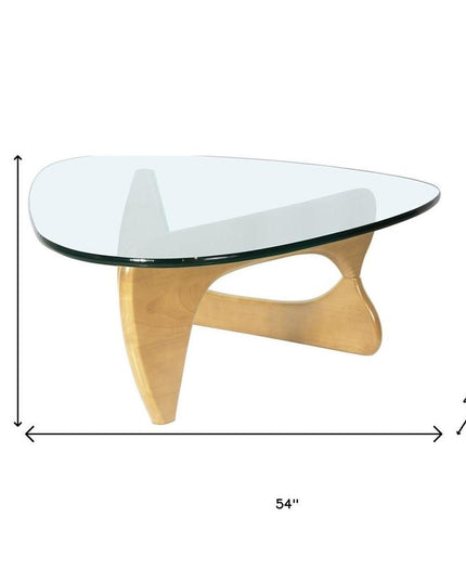 54" Clear and Natural Glass and Wood Triangle Abstract Coffee Table