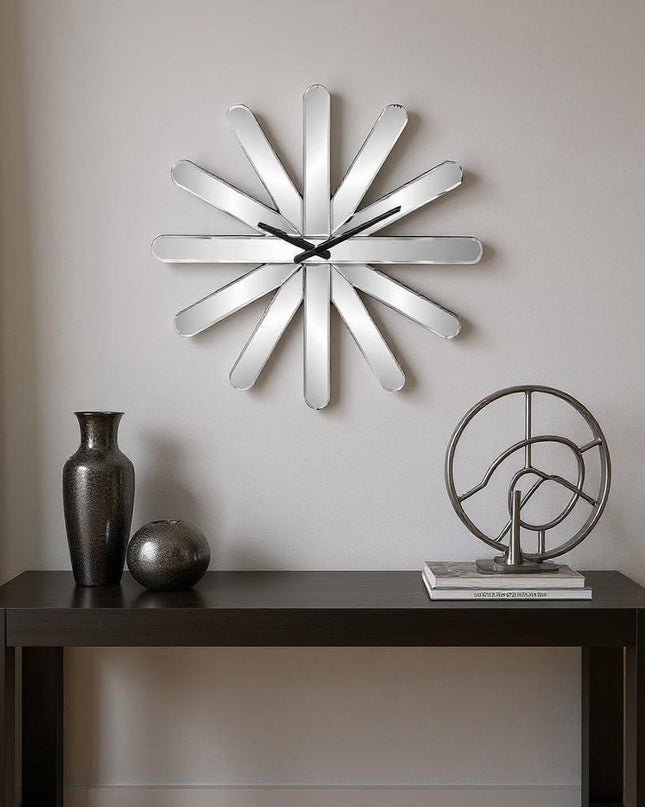 26" Silver Mirrored Glass Silent Analog Starburst Wall Clock