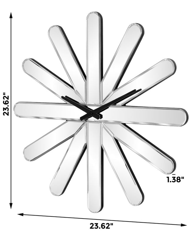 26" Silver Mirrored Glass Silent Analog Starburst Wall Clock