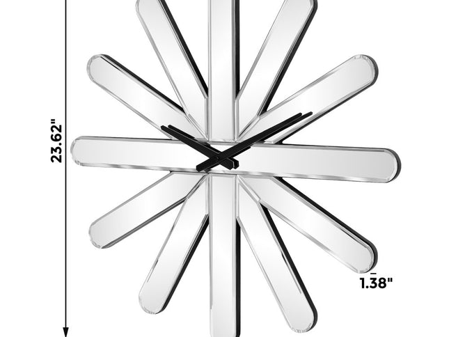 26" Silver Mirrored Glass Silent Analog Starburst Wall Clock