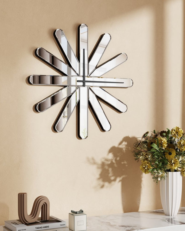 26" Silver Mirrored Glass Silent Analog Starburst Wall Clock